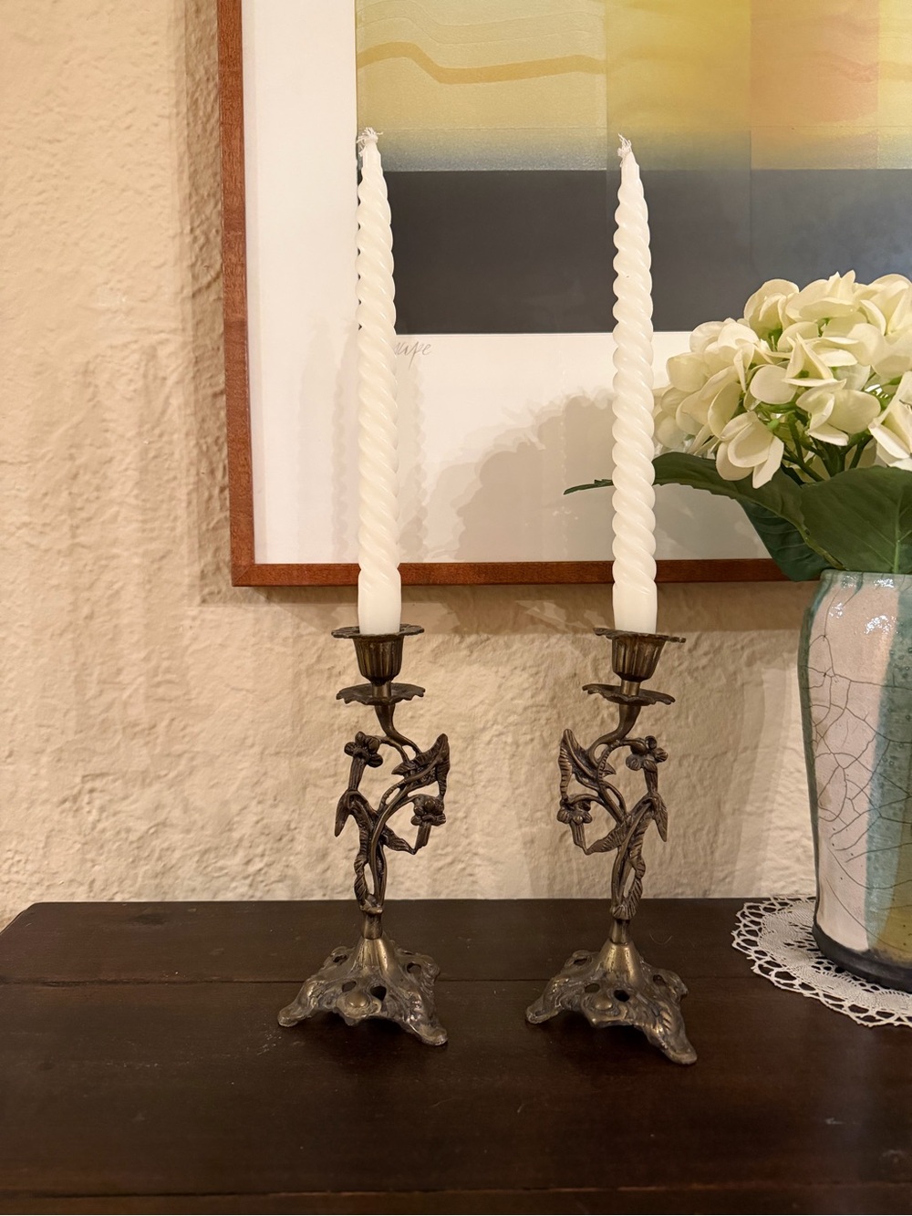 Antique-Style Brass Floral Taper Candle Holders - White Candles